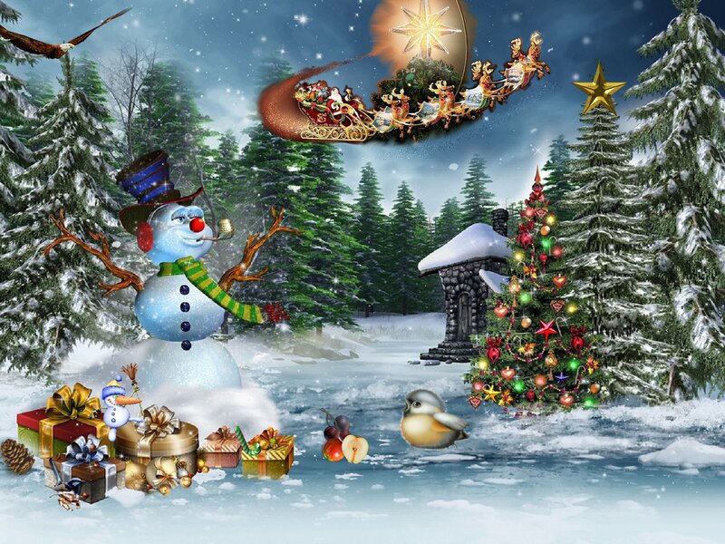 Snowman in Winter Scene — Blue, Festive, Digital Art, Santa Claus