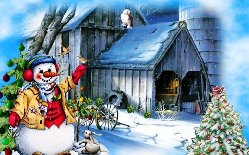 Snowman in Winter Scene — Blue, Festive, Illustration, Barn