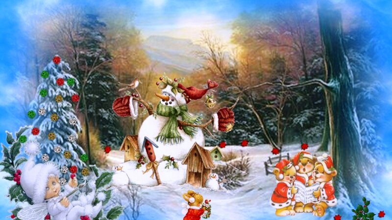 Snowman in Winter Scene — Blue, Festive, Illustration