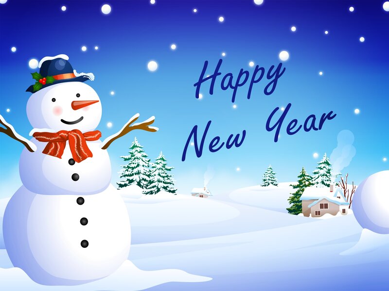 Snowman in Winter Scene — Blue, Festive, Illustration, Trees