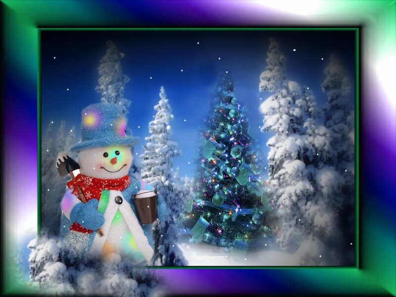 Snowman in Winter Scene — Blue, Festive, Night, Digital Art, Christmas Tree