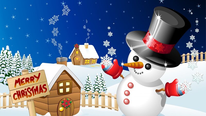 Snowman in Winter Scene — Blue, Festive, Night, Digital Art