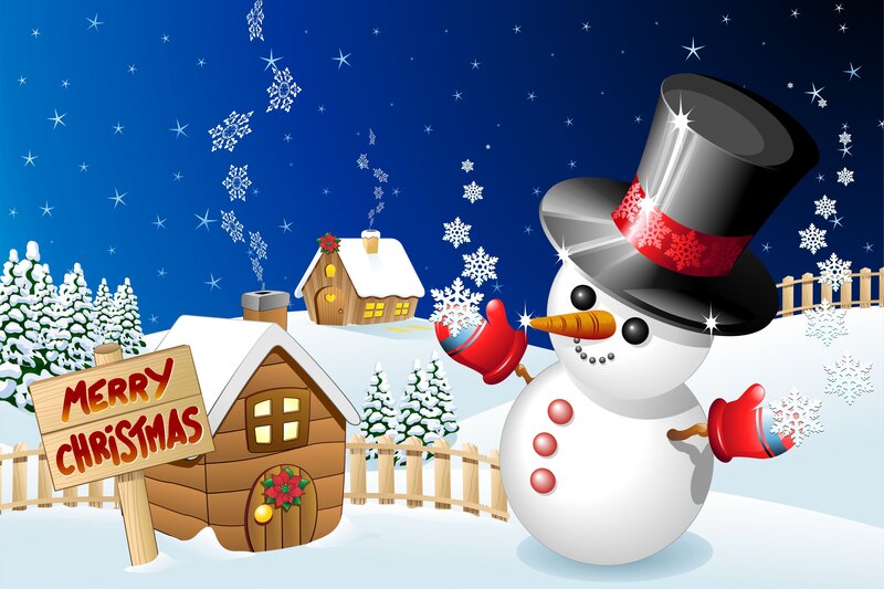 Snowman in Winter Scene — Blue, Festive, Night, Illustration, Houses