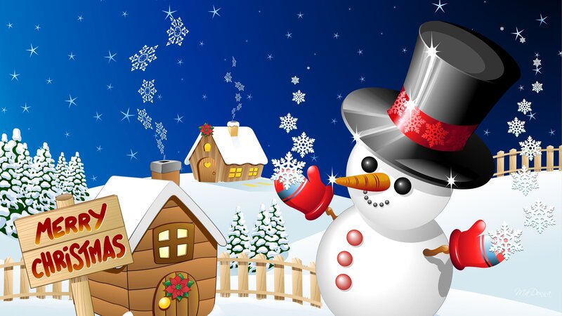 Snowman in Winter Scene — Blue, Festive, Night, Illustration