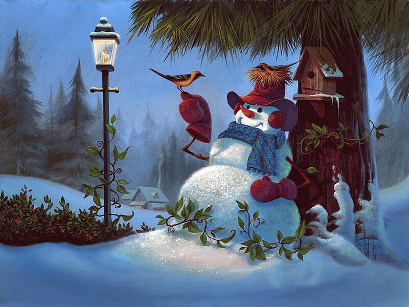 Snowman in Winter Scene — Blue, Peaceful, Illustration