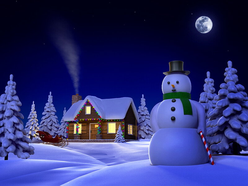 Snowman in Winter Scene — Blue, Peaceful, Night, 3d Render