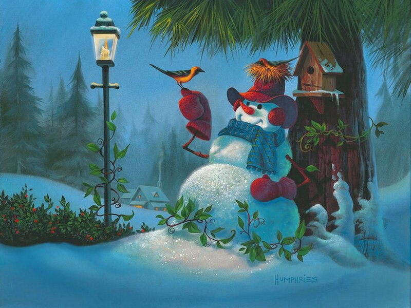 Snowman in Winter Scene — Blue, Peaceful, Night