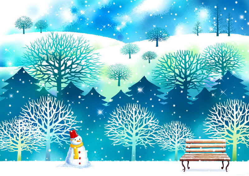Snowman in Winter Scene — Blue, Serene, Digital Art