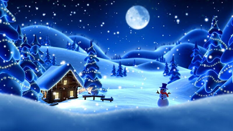 Snowman in Winter Scene — Blue, Serene, Night, Digital Art, Cabin