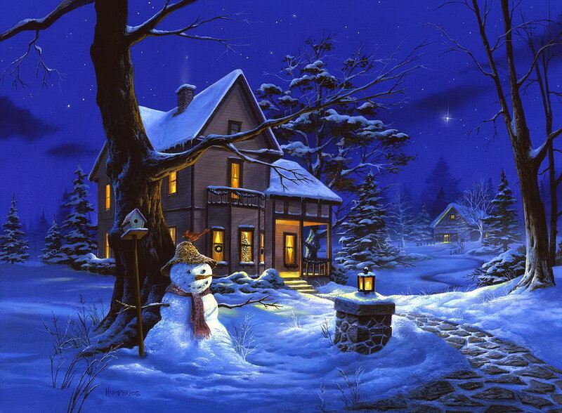 Snowman in Winter Scene — Blue, Serene, Night