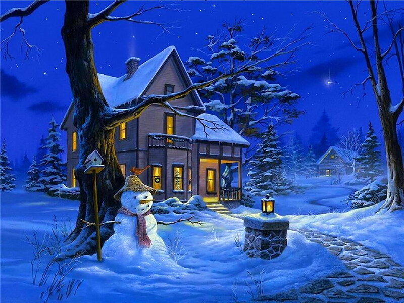 Snowman in Winter Scene — Blue, Serene
