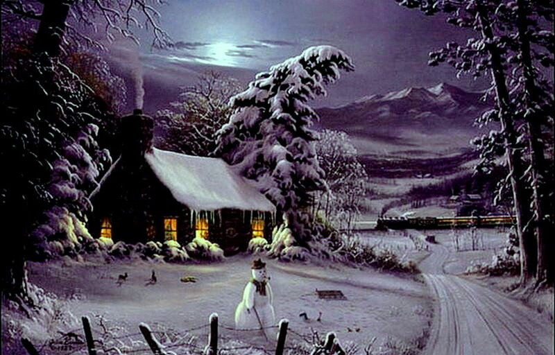 Snowman in Winter Scene — Purple
