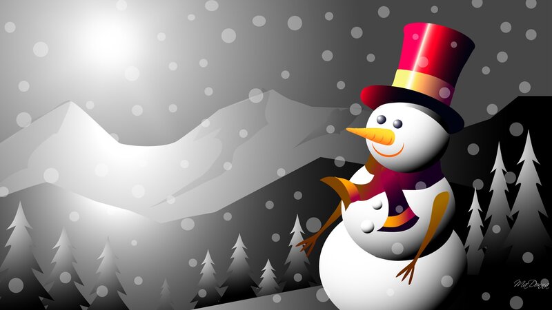 Snowman in Winter Scene — White, Festive, Digital Art, Mountains