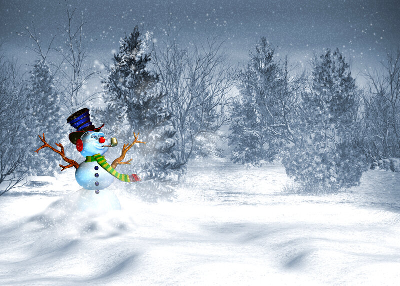 Snowman in Winter Scene — White, Festive, Digital Art, Trees