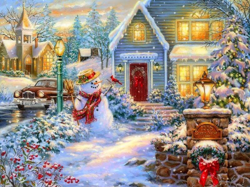Snowman in Winter Scene — White, Festive, Illustration, House