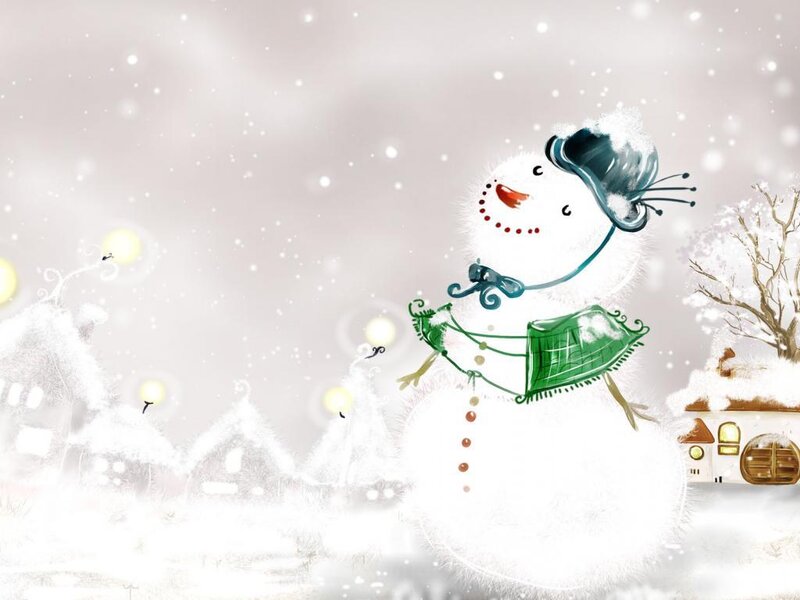 Snowman in Winter Scene — White, Festive, Illustration