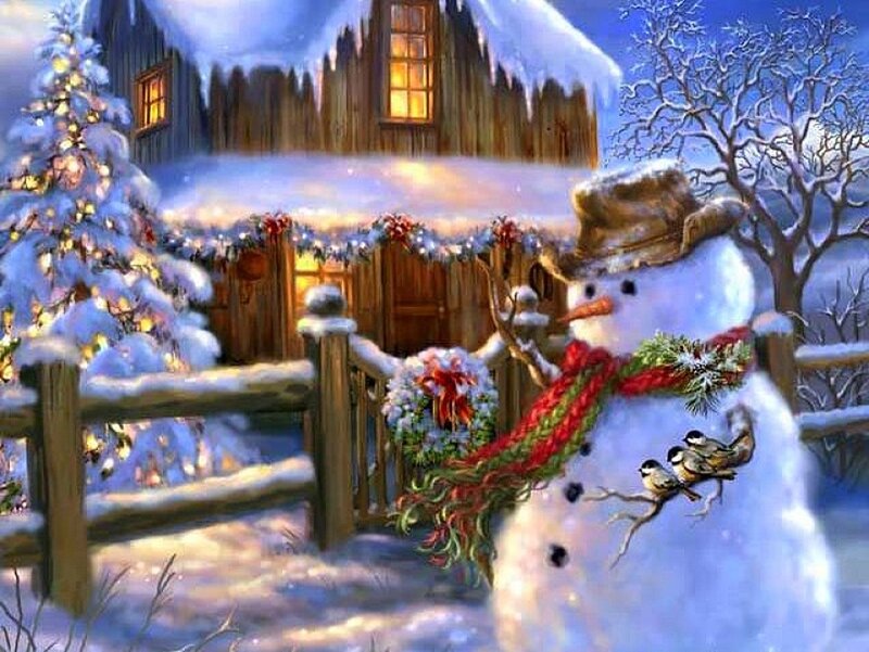 Snowman in Winter Scene — White, Peaceful, Digital Art, Cabin, Christmas Tree