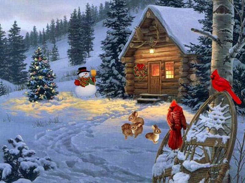 Snowman in Winter Scene — White, Peaceful, Digital Art, Cabin