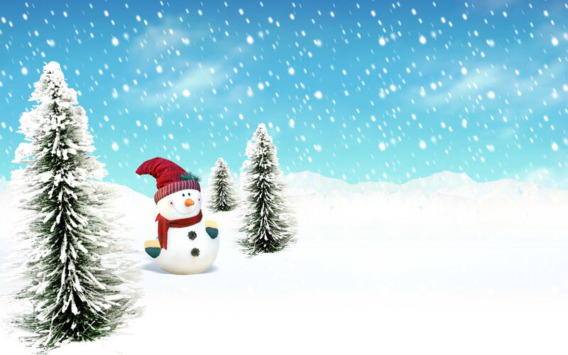 Snowman in Winter Scene — White, Peaceful, Digital Art, Snow-covered Trees, Snowflakes