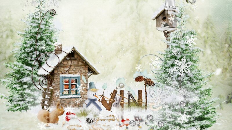 Snowman in Winter Scene — White, Peaceful, Digital Art, Squirrel