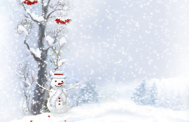 Snowman in Winter Scene — White, Peaceful, Digital Art, Tree, Snow