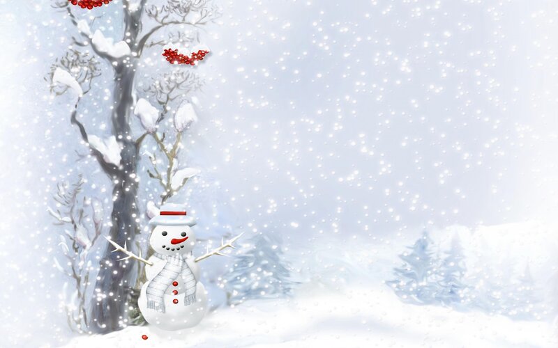 Snowman in Winter Scene — White, Peaceful, Digital Art, Tree