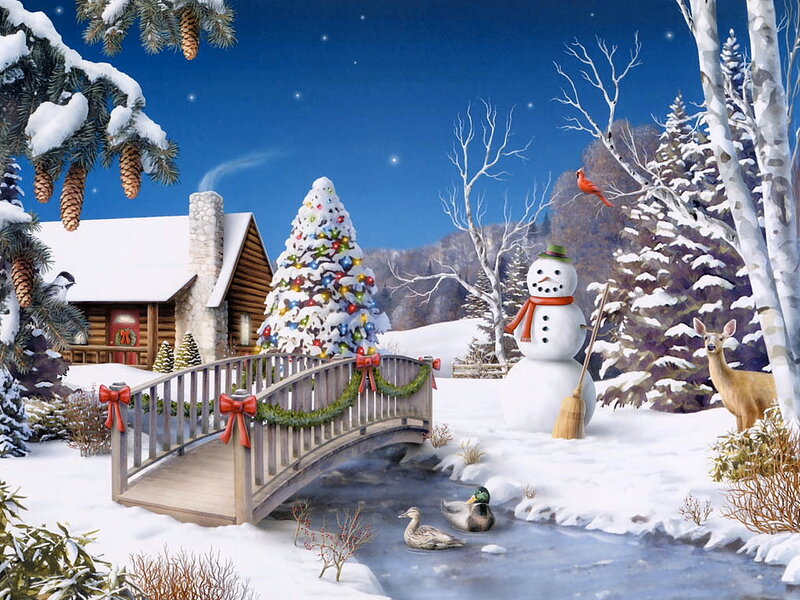 Snowman in Winter Scene — White, Peaceful, Illustration