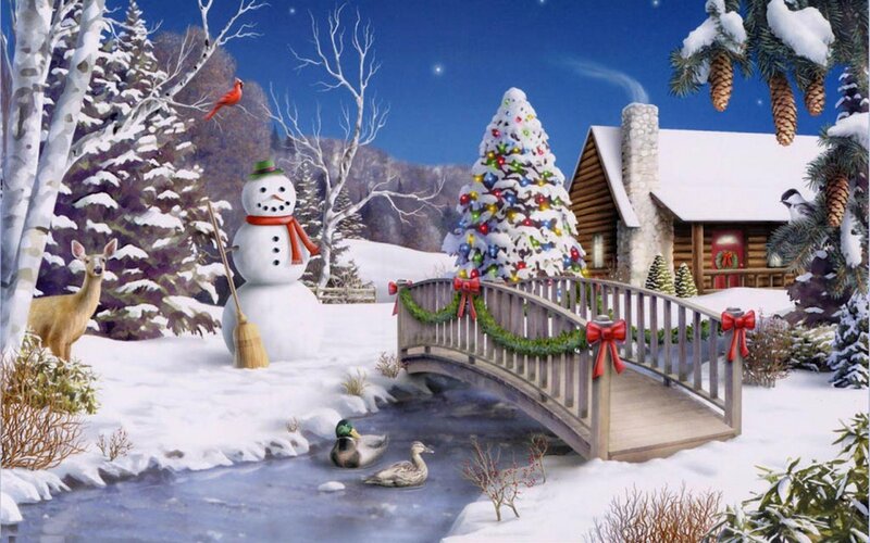 Snowman in Winter Scene — White, Peaceful, Night, Digital Art