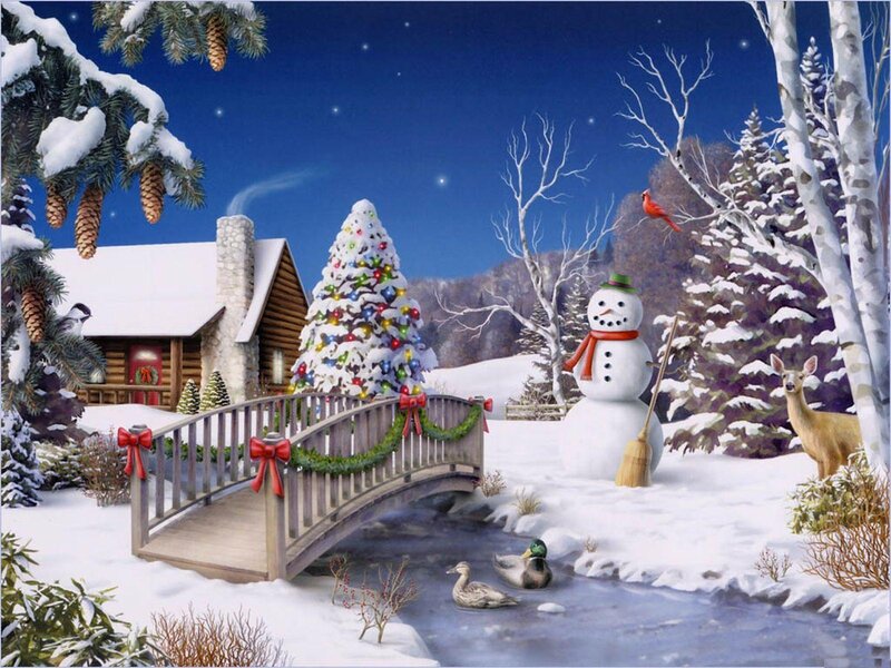 Snowman in Winter Scene — White, Peaceful, Night, Illustration