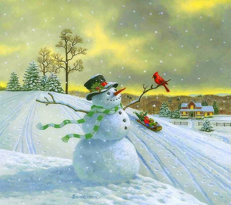 Snowman in Winter Scene — White, Peaceful, Painting, Cardinal Bird