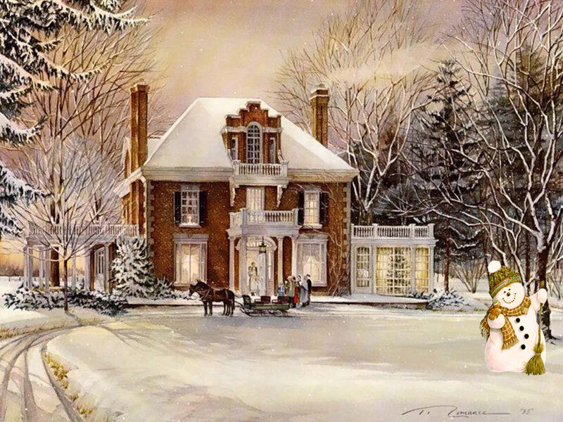Snowman in Winter Scene — White, Peaceful, Painting, House