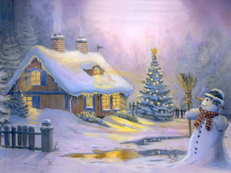 Snowman in Winter Scene — White, Peaceful, Painting