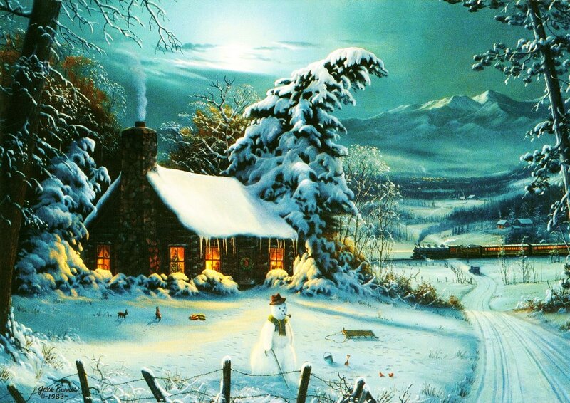 Snowman in Winter Scene — White, Serene, Painting