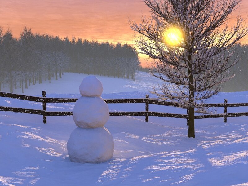 Snowman in winter sunset