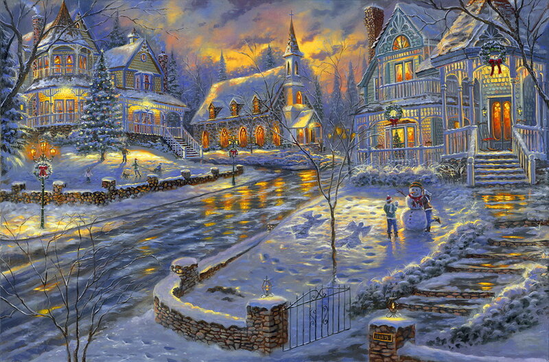 Snowman in Winter Village — Blue, Peaceful