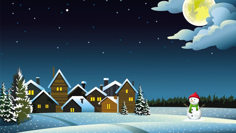Snowman in Winter Village — Blue, Serene