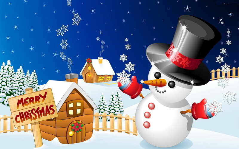 Snowman in Winter Village — Blue