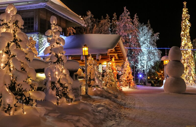 Snowman in Winter Village — White, Festive, Night, Photograph
