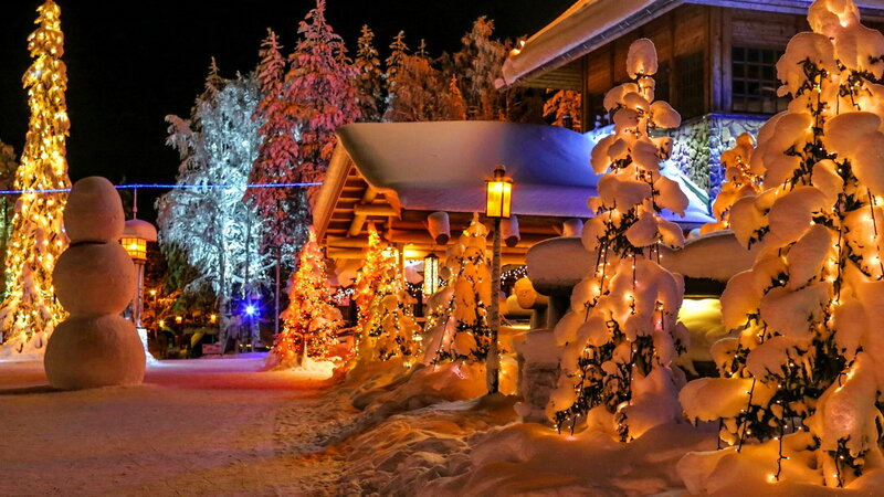 Snowman in Winter Village — White, Festive, Night