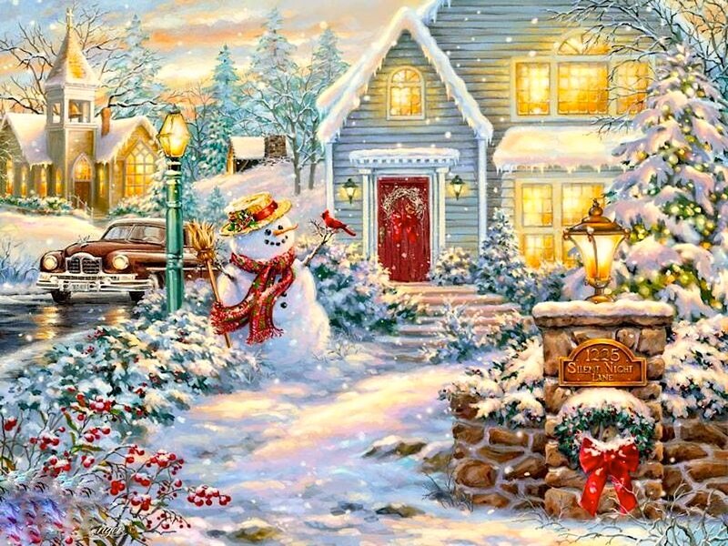 Snowman in Winter Village — White, Festive