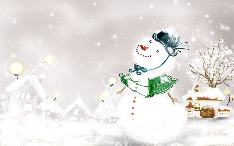 Snowman in Winter Village — White, Peaceful, Illustration, Trees