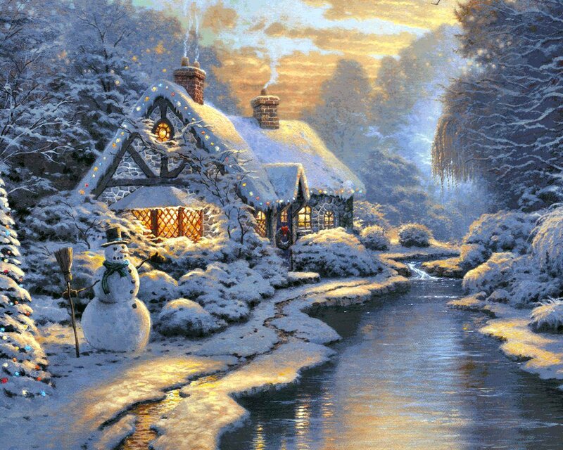 Snowman in Winter Village — White, Peaceful, Painting