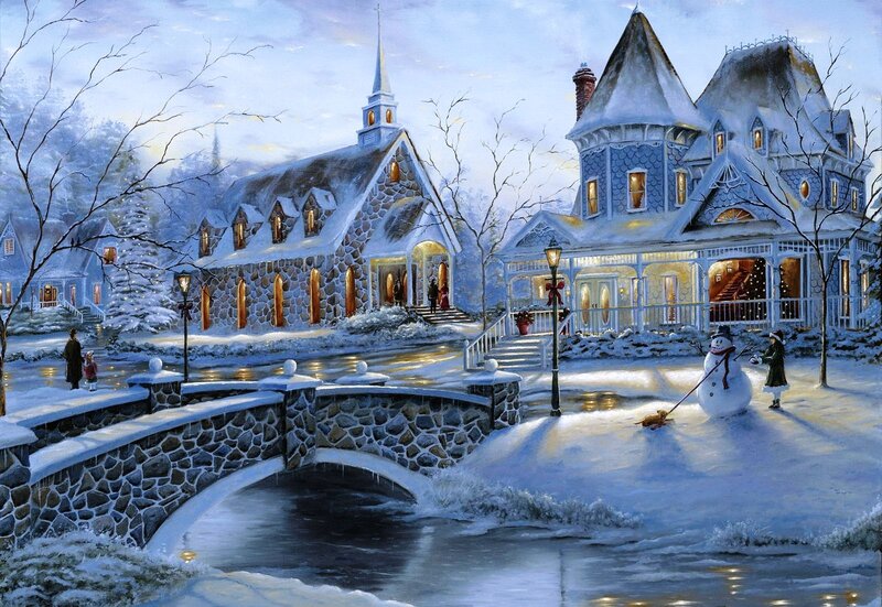 Snowman in Winter Village — White, Peaceful
