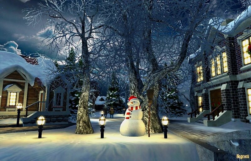 Snowman in Winter Village — White, Serene