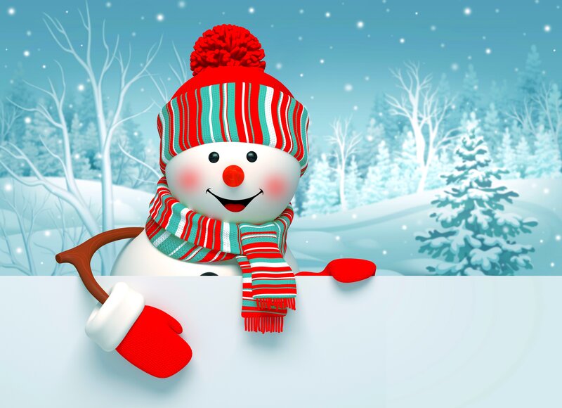 Snowman in Winter — White, Festive, Digital Art, Scarf, Hat