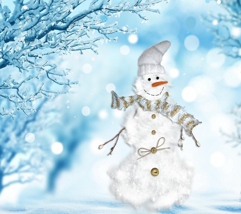 Snowman in Winter — White, Festive, Digital Art, Snow-covered Branches