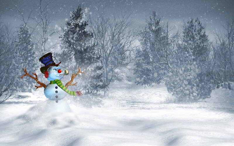 Snowman in Winter — White, Festive, Digital Art, Trees