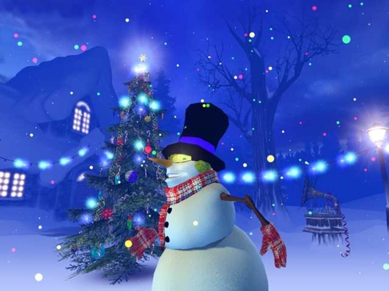 Snowman Near Christmas Tree — Blue, Festive