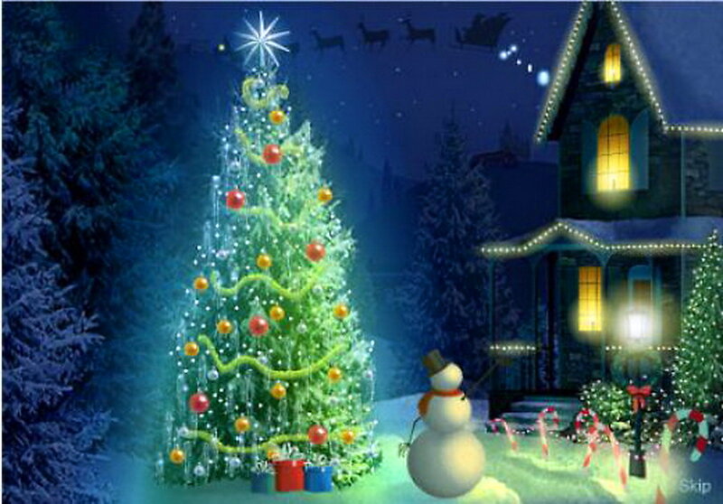 Snowman Near Christmas Tree — Green