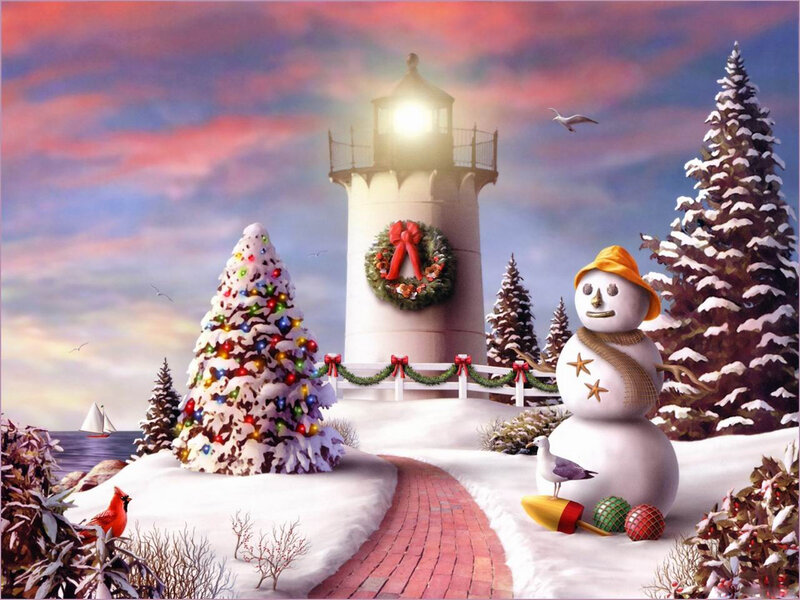 Snowman Near Lighthouse